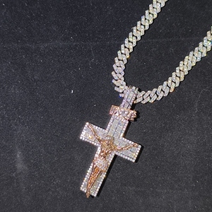 <b>Mens</b> 925 <b>Silver</b> Lab Grown Diamond Cross <b>Pendant</b> Cuban Link Chain Iced Out Religious Necklace Two Tone Luxury Jewellery - Product Image 2