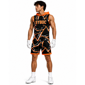Ensemble de sport personnalisé pour hommes 7 sur 7 : Maillot à capuche sublimé, débardeur et short – Noir et rose – Tenue de match de football américain - Product Image 5