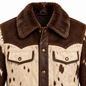 Veste de cowboy pour homme en patchwork de cuir de vachette, style western trucker, avec col en peluche, coupe courte, boutonnée sur le devant, vêtement d'extérieur décontracté urbain et tendance - Product Image 4