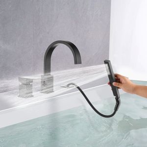 Set rubinetto vasca idromassaggio a 3 fori con doccetta e soffione a cascata, montaggio su piano, per bagno e doccia - Product Image 5