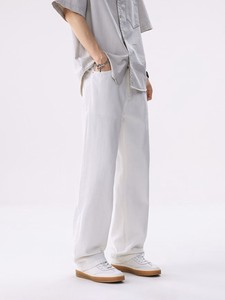 <b>Men's</b> <b>White</b> Cotton Oxford Casual Pants Straight Fit Mid Waist Button Closure Lightweight Breathable Summer Wear - Product Image 3
