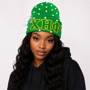 Bonnet en tricot vert orné de perles pour femmes de la sororité Chi Eta Phi, avec lettres grecques brodées en chenille, chapeau d'hiver décontracté - Product Image 5