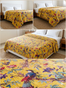 Couvre-lit imprimé floral et oiseaux, style bohème, moderne, toutes saisons, en coton patchwork fait main du Rajasthan, blanc et bleu, pour la maison - Product Image 2