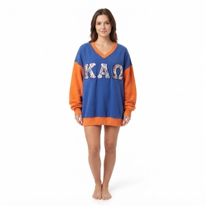 <b>Women's</b> Cream <b>V</b>-<b>Neck</b> <b>Sweatshirt</b> With Floral Greek Letters Full Sleeve Knitted Cotton Autumn Casual Wear - Product Image 2