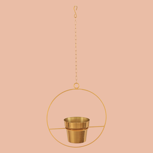 Porte-plante suspendu en métal doré avec cadre circulaire et finition laiton, pot de fleurs moderne décoratif, support de plante suspendu - Product Image 6