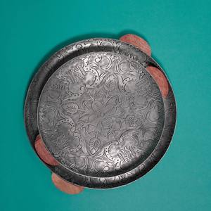 Round Embossed Metal Serving Tray Set with Wooden Handles Vintage Floral Patterned Silver Platters for Home Decor and Catering - Product Image 2