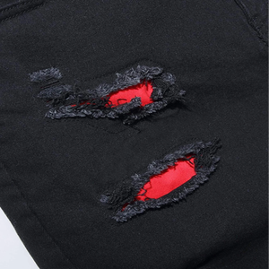 <b>Men's</b> Black Ripped Denim <b>Shorts</b> Casual Summer Cotton <b>Shorts</b> With <b>Red</b> Inner Lining Mid Waist Straight Leg Style - Product Image 5