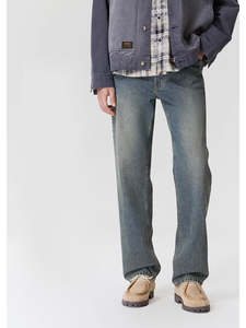 กางเกงยีนส์ผู้ชายทรงตรง ขาตรง น้ำหนักปานกลาง สไตล์ลำลอง สีน้ำเงินเข้ม ล้างแบบวินเทจ ใส่สบาย เหมาะสำหรับฤดูหนาว - Product Image 5