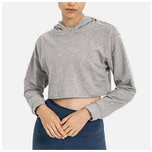 Sweat-shirt court à capuche gris pour femme, manches longues, couleur unie, tricoté, respirant, style décontracté d'hiver - Product Image 3