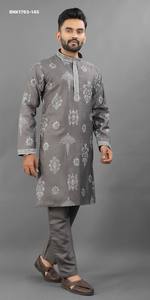 Premium Collection Silk-Base with Placket Embroidered work & Printed Ethnic Motif Kurta-Matching Color Pant Set Wholesale Supply - Product Image 3