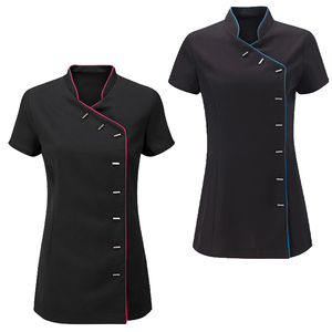 Uniforme de salon de beauté pour femmes, tunique de thérapeute de spa, noir, manches courtes, vêtements de travail avec passepoil contrasté, uniforme d'esthéticienne, uniforme de spa médical - Product Image 1