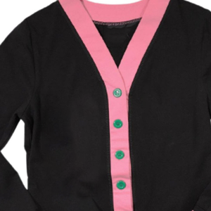 Cardigan col V boutonné pour université, noir avec accents rose et vert, style sororité classique, hiver, logo frontal, confortable, tricot style Letterman - Product Image 6