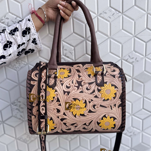 Hand Tooled Carving Leather Speedy Handbag Floral Pattern New Designer Gypsy Boho <b>Shoulder</b> Handmade Stylish Women Uses Bag - Product Image 1