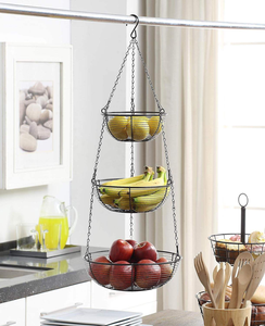 Panier de rangement suspendu à 3 niveaux pour fruits et légumes, en métal avec revêtement noir, en osier avec poignées en corde, organisateur de cuisine quotidien en rotin - Product Image 1