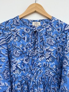 Women Blue Floral Cotton Maxi Long Sleeve <b>Dress</b> Hand Block Print Summer Wear Casual Modest Prairie <b>Dress</b> Boutique Clothing - Product Image 2