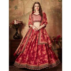 Superbe mariage en soie organza marron à imprimé floral Lehenga Choli avec chemisier pêche - Product Image 6