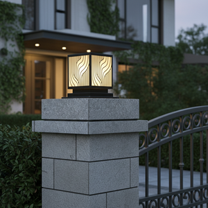 Lampe de poteau LED de luxe à motif ondulé, lanterne extérieure en acier noir de 8 pouces pour villa, lampe de colonne d'entrée blanc chaud AC 220V - Product Image 6