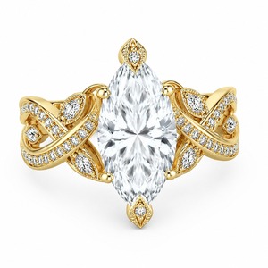 Anillo de compromiso para mujer de oro amarillo de 18 quilates con diamante redondo cultivado en laboratorio, banda ancha con milgrain y diseño de corona real. - Product Image 2