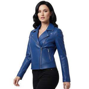 Blouson de moto en cuir bleu royal pour femmes, sur mesure, vente en gros, prix d'usine, style motard authentique, manteau pour femmes, service OEM ODM - Product Image 1