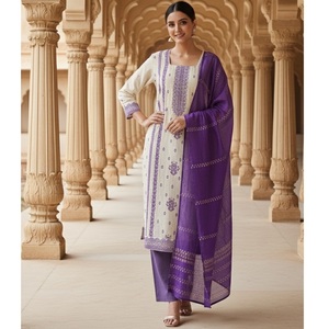 Ensemble Kurti Lavande pour Femme Très Demandé, Manches 3/4, Soie Jacquard, Entièrement Cousu pour Occasions Quotidiennes et Festives - Product Image 1