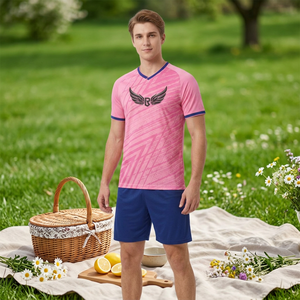 Conjunto de Camiseta de Fútbol Personalizada con Cuello en V Rosa para Hombre, Manga Corta, Estampado Geométrico, Poliéster que Absorbe la Humedad, Uniforme para Todas las Temporadas, Adulto - Product Image 4