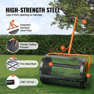 Épandeur de compost et de tourbe à roulettes de 24 pouces avec poignée en T, panier en maille d'acier, épandeur d'engrais réglable en hauteur - Product Image 3