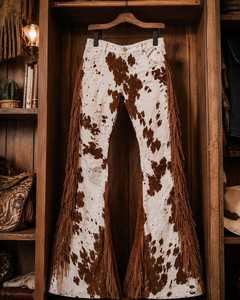 Pantalon évasé en cuir de vachette occidental à franges, pantalon cloche en cuir à poils, tenue de cowgirl pour le rodéo - Product Image 5