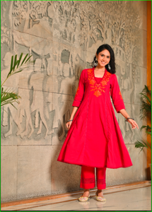 Magenta Applique Work Anarkali Cotton Kurta Dupatta Set - Product Image 5