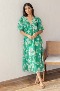 Robe midi vert à imprimé floral, col en V, manches bouffantes, style bohème ample, en mousseline, décontractée d'été pour femme, respirante et unie - Product Image 5