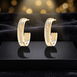 Pendientes de Aro Abiertos de Lujo con Tres Hileras de Diamantes Cultivados en Laboratorio en Oro de 10K, 14K, 18K y Plata 925, 935, Joyería Fina - Product Image 1