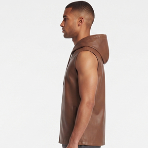 Chaleco de Cuero con Capucha para Hombre con Cremallera, Chaleco de Cuero Premium sin Mangas para Hombre, Sudadera con Capucha de Cuero sin Mangas OEM para Hombre - Product Image 3