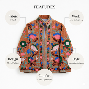 Blouson Bomber Marron Brodé Motifs Floraux Rose Blanc Bleu Col Montant Doublure Coton Poches Latérales Vêtement d'extérieur Femme - Product Image 4