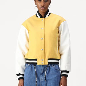 Veste universitaire jaune et blanche à blocs de couleur, coupe classique, col rabattu, fermeture boutonnée, unisexe, décontractée, pour l'automne - Product Image 1