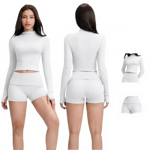 Solid Blue Yoga Set Crew Neck <b>Lace</b> Breathable <b>Elastic</b> Waist Crop High Waist Shorts 2 Piece Activewear Women's Fitness - Product Image 2