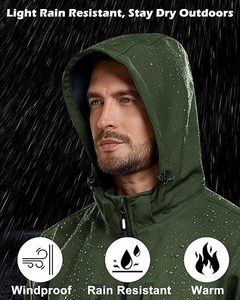 Veste polaire à capuche verte pour homme, coupe-vent, fermeture éclair, décontractée, pour l'extérieur, automne, coupe régulière, en polyester - Product Image 3