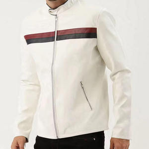 Custom Men's Slim Fit White PU Leather Biker <b>Jacket</b> Racing Stripe Motorcycle Coat Fashion Stand Collar Casual Zip Outerwear - Product Image 2