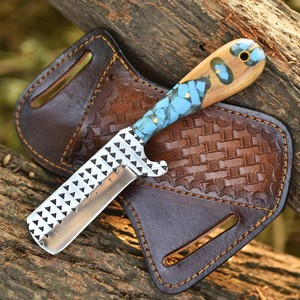 Cuchillo de corte de acero Nordic Forge Rasp Steel Cowboy Bull Cutter con mango de madera de olivo y turquesa - Funda de cuero Pancake - Cuchillo EDC OEM - Product Image 2