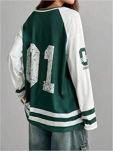 Haut streetwear personnalisé en jersey mesh surdimensionné à manches longues et col en V avec impression de numéro, OEM ODM en gros - Product Image 2