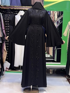 New Wholesale Umbrella Abaya Stone Work Handmade Sequined Arabic Dubai Style Full Flare Nida Fabric Evening Party Dress - Product Image 6