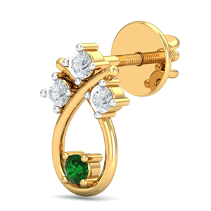 Women's Yellow Gold <b>Stud</b> <b>Earrings</b> With Round Diamond And Green Gem Water Drop Design Classic Style - Product Image 3
