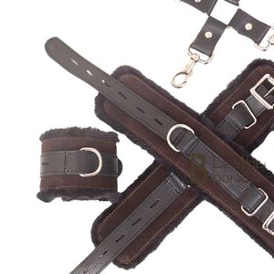 Real Leather Wrist To <b>Thigh</b> Restraints With Metal Hardware Brown Faux Fur Lined - Product Image 1