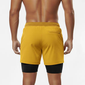 Shorts de sport jaunes unis pour hommes avec poches, taille à cordon de serrage, séchage rapide, en tissu tricoté, taille mi-haute, longueur courte, vêtements de sport - Product Image 3
