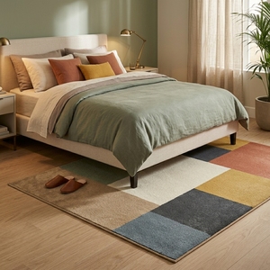 Tapis moderne tissé géométrique tufté à poils coupés en coton biologique, rectangulaire, antidérapant, pour salon, à poils moyens, design color block - Product Image 2