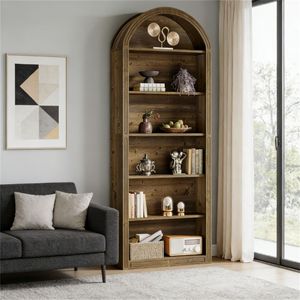 Libreria Alta in Legno con Arco, Scaffale Espositivo e Piattaforma per Libri e Piante - Product Image 2