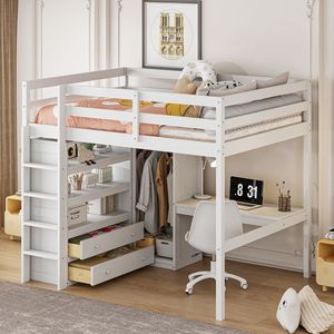 Letto a Soppalco Bianco Full-Size con Armadio Integrato, Scrivania e Scaffali - Soluzione Completa di Arredamento in Legno - Product Image 1
