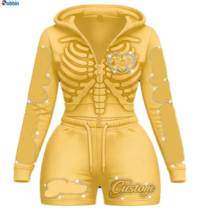 Top Trending Hot Selling Women's Blue Skeleton Hoodie Shorts Set <b>Rhinestone</b> Decor Y2K Style Spring Summer Sportswear 2 Piece Set - Product Image 4