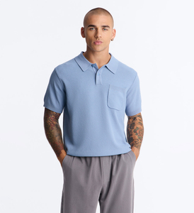 Polo en tricot à manches courtes bleu clair pour homme avec poche, style décontracté, coton respirant, couleur unie, coupe classique - Product Image 1