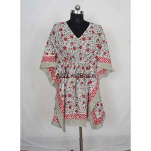 Vestido Kaftán Midi de Algodón 100% Hecho a Mano para Mujer, Estilo Romántico Vintage con Estampado Floral, Cuello en V, Ajustado, con Borlas y Volantes, Mangas Cortas, Ecológico - Product Image 4