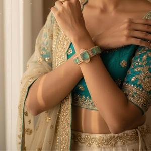 Regal Emerald Hued Diamond Statement Single <b>Bangle</b> Designed In Gajaah 925 Sterling <b>Silver</b> For Bridal Wear - Product Image 3