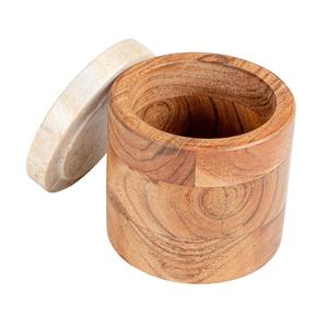 Natural Wooden Salt Cellar with White Marble Lid Eco-Friendly Kitchen <b>Spice</b> Keeper <b>Jar</b> & Seasoning Storage Pot Canisters - Product Image 2